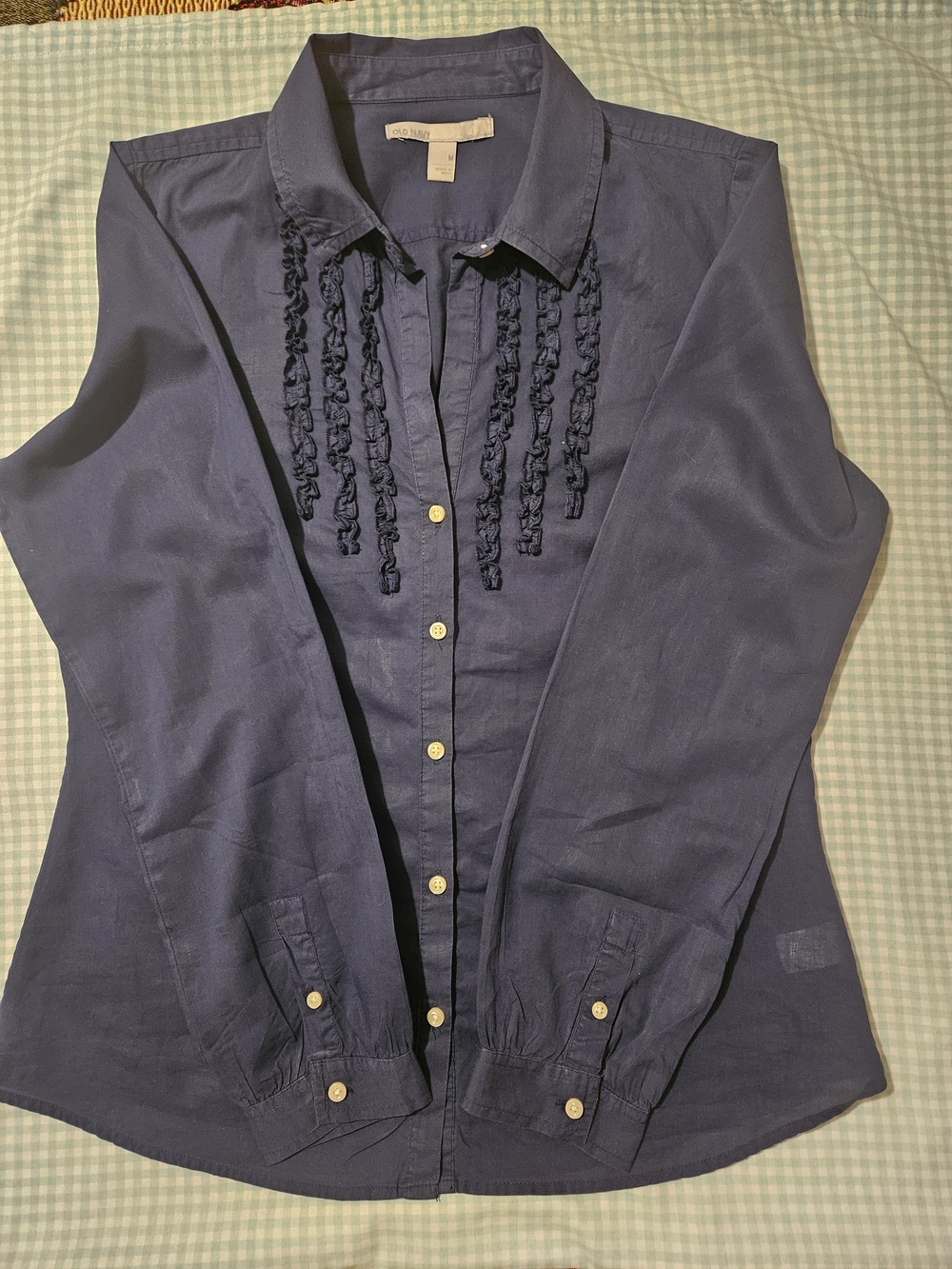 Old Navy Navy Button-Down Shirt with Front Ruffle Trim